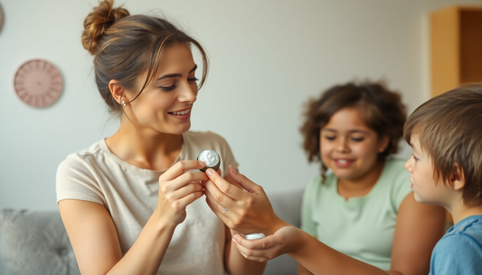 a woman in her 30's with her children applying deodorant cream in a flat and small aluminium tin