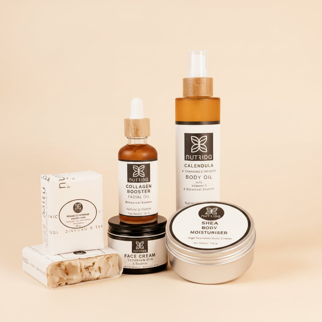 Collection of Nutrido skincare and body care products on a light surface.
