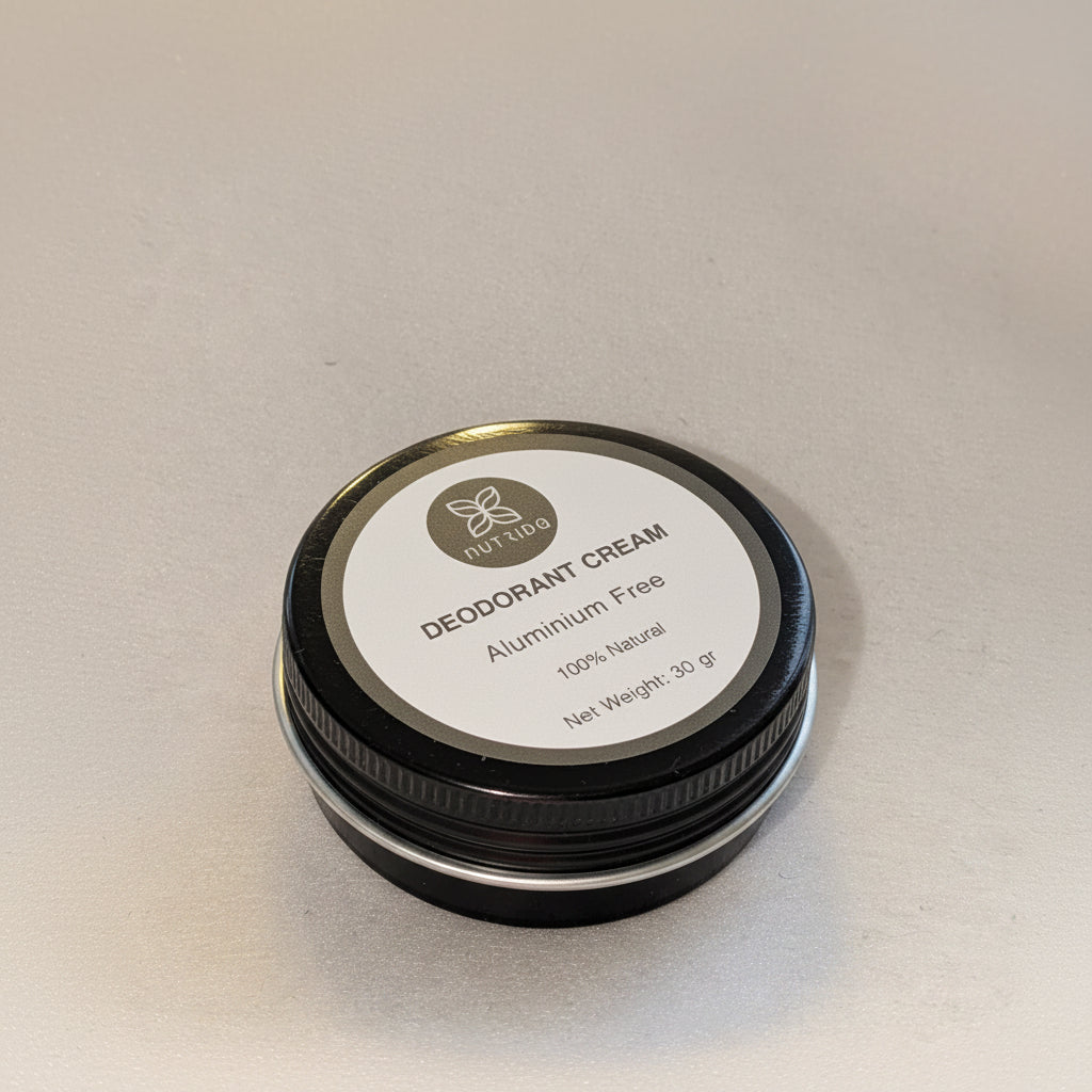 Deodorant cream container with 'Outro' branding on a beige background