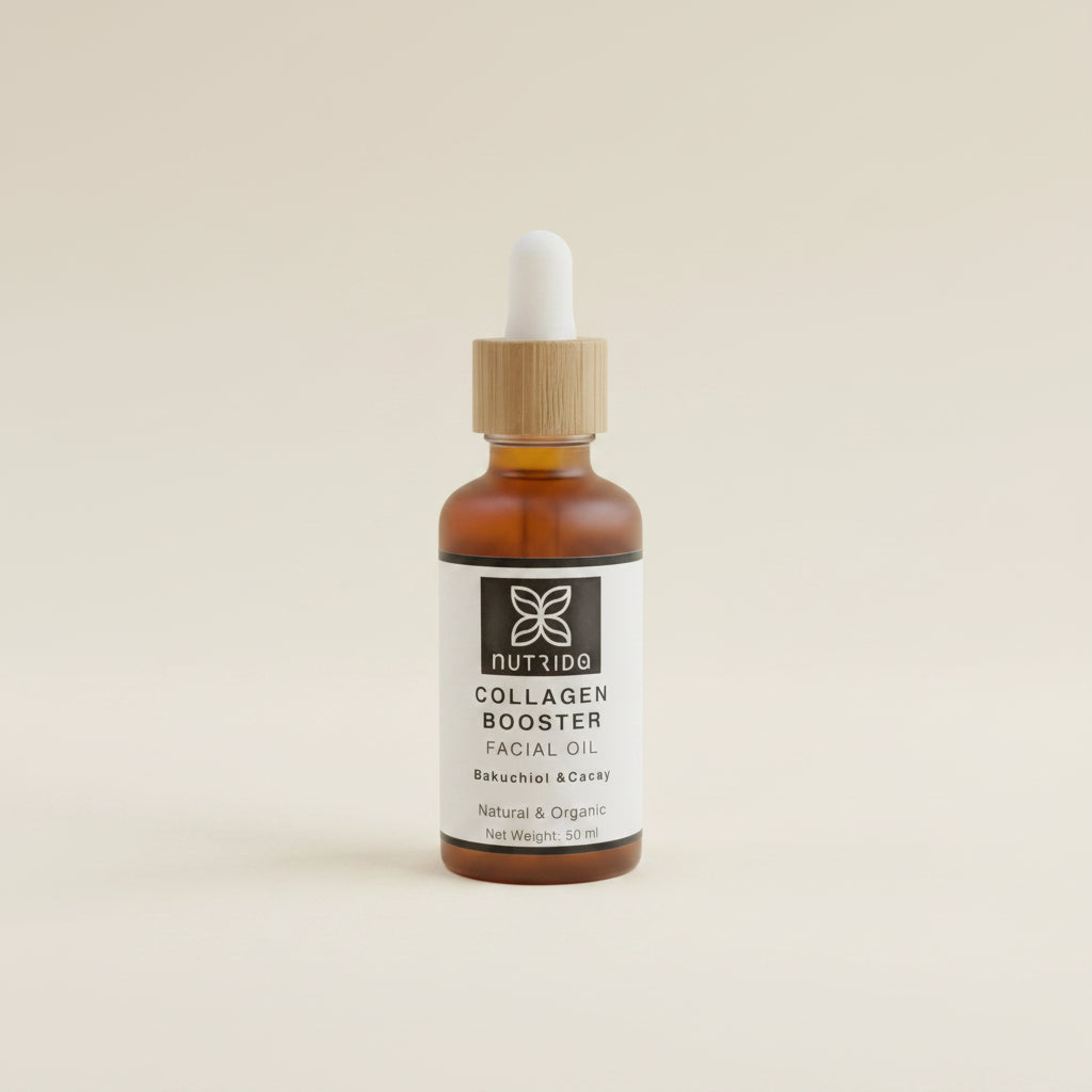 Bottle of Nutrida Collagen Booster Facial Oil on a beige fabric background