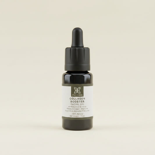 A small black dropper bottle labeled 'Collagen Booster Facial Oil' by The Skin Form, standing upright on a textured light gray surface.