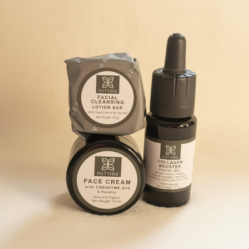 A skincare set from Nutridino on a light beige textured background, featuring a facial cleansing lotion bar in gray packaging, a jar of face cream with Coenzyme Q10, and a collagen booster facial oil in a dark dropper bottle.