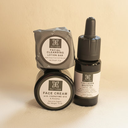 A skincare set from Nutridino on a light beige textured background, featuring a facial cleansing lotion bar in gray packaging, a jar of face cream with Coenzyme Q10, and a collagen booster facial oil in a dark dropper bottle.