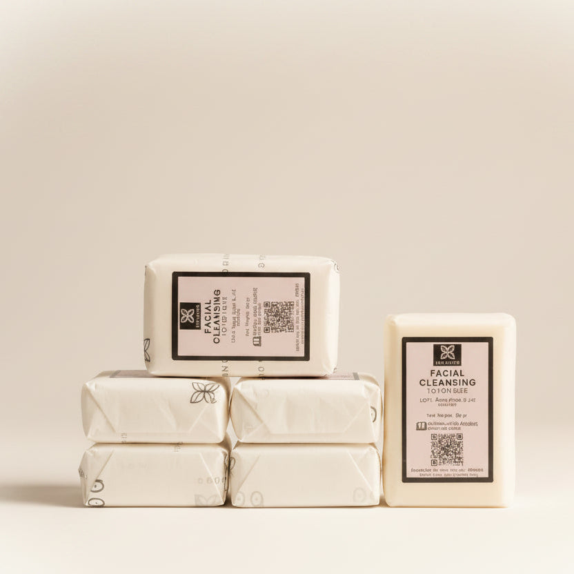 Two packaged facial cleansing lotion bars from The Art of Cleansing, wrapped in cream-colored paper with black printed text and stacked on a soft beige fabric surface.