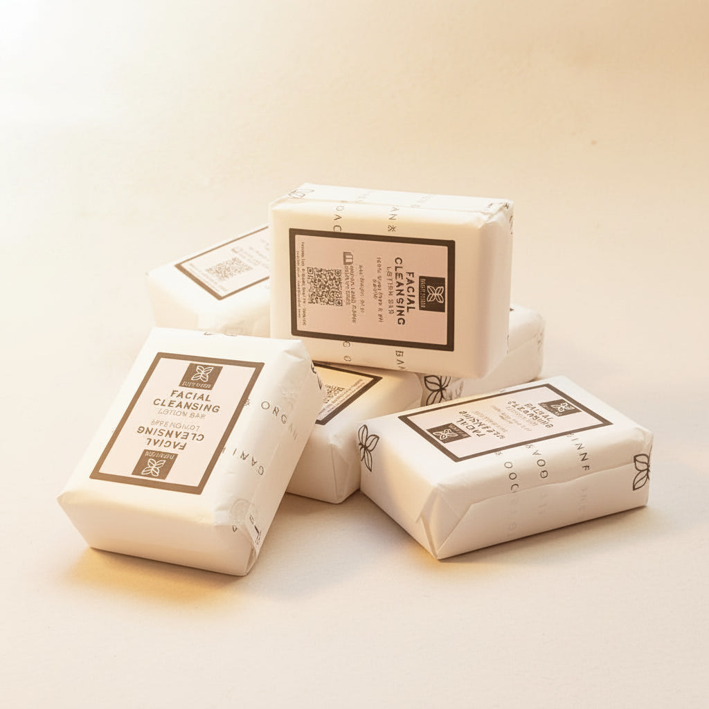 A hand holding a wrapped facial cleansing lotion bar from the brand Lotion Hero, with other wrapped bars visible in the background on a light surface.