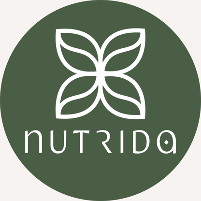 NUTRIDA logo with a white leaf design on a green background